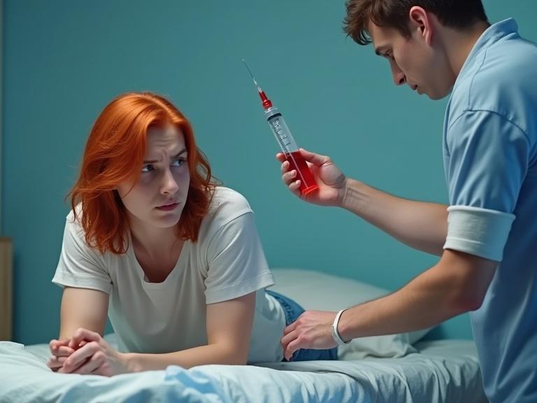 A male teenager lies on his stomach on a bed with pants down, looking worried as a nurse prepares to give an injection. The nurse holds a large syringe with red liquid.