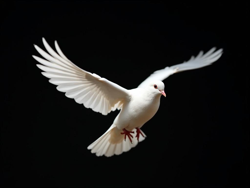 A beautiful white dove is flying gracefully against a black background. Its wings are fully extended, showcasing the intricate details of each feather. The dove's head is slightly turned, revealing its delicate features and bright eyes. The soft texture of its white feathers contrasts sharply with the dark backdrop, creating a striking visual impact. The bird is in mid-flight, capturing the essence of freedom and peace. This image symbolizes hope and purity, often associated with messages of love or new beginnings.