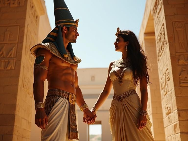 Pharaoh Ramses II and his wife depicted in ancient Egypt. They hold hands in the Abu Simbel temple complex. Realistic portrayal of historical figures.