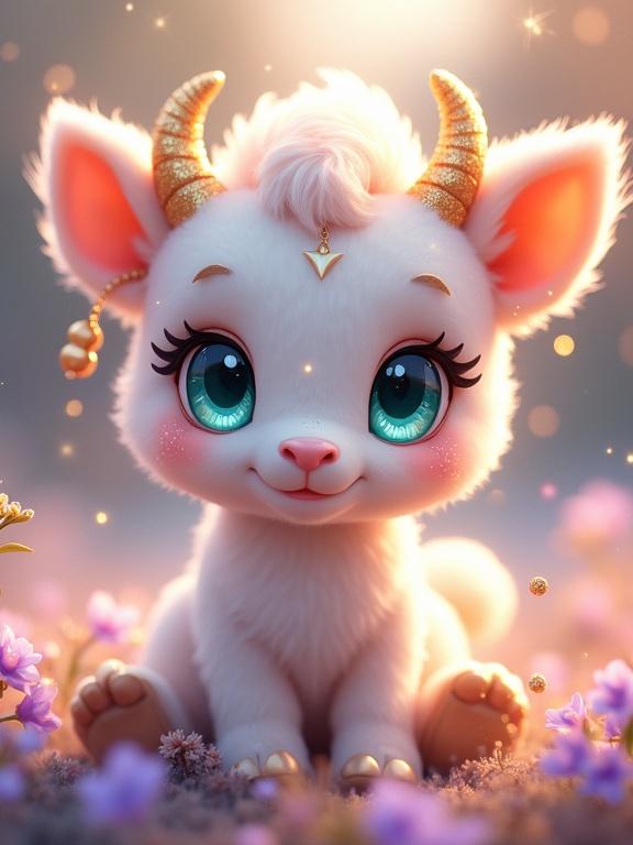 Character description of a Sparkle Calf in a whimsical setting. The calf has fluffy white fur with light pink patches. It features large aqua-turquoise eyes and golden curved horns. Tiny golden earrings hang from its ears. The creature is surrounded by purple-pink flowers and a warm fantasy glow.