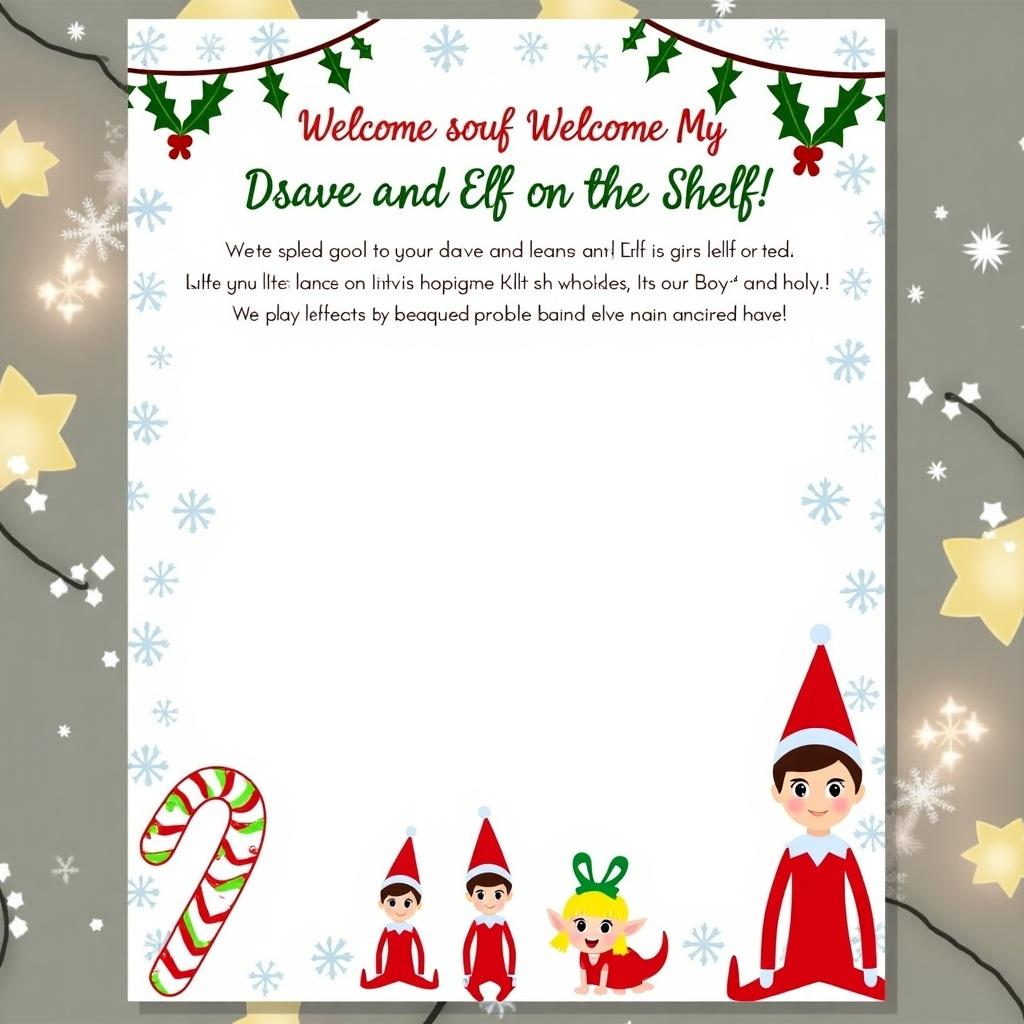 Welcome letter for a holiday. Features elves with candy cane decorations. Invites cheerful participation for children. Bright and festive design.