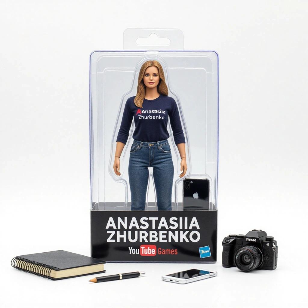 Create a realistic action figure in a blister pack. The figure stands wearing a shirt with Anastasiia Zhurbenko logo. Include a notebook and a camera. Title is Anastasiia Zhurbenko with YouTube Games below. Add PEGI 30 notice. High definition and photorealistic quality.