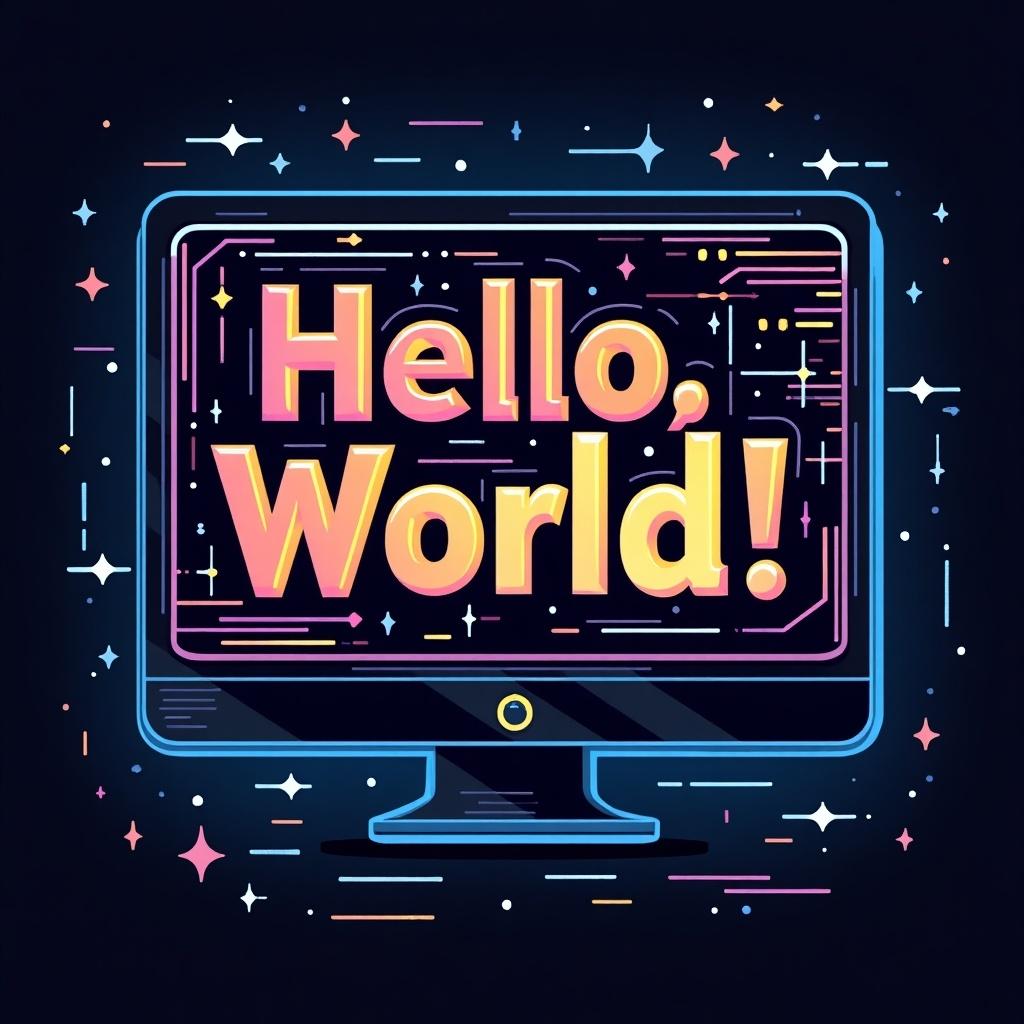 Computer monitor displaying colorful text 'Hello, World!' in a cosmic background with stars and lines.