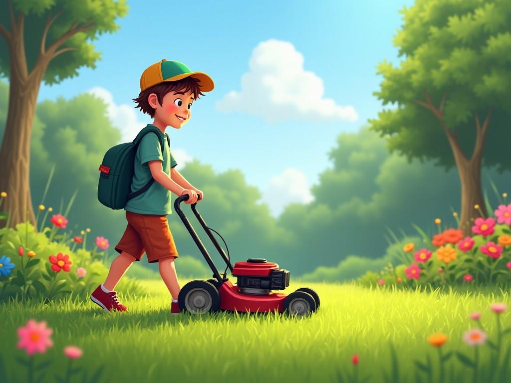 A young boy in a baseball cap mowing the lawn with a small red lawn mower on a sunny day, surrounded by colorful flowers and trees, showcasing a cheerful and productive summer activity.