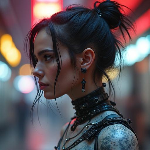 Cyborg woman in a cyberpunk setting. Neon lights in the background. Performance and fashion elements present. Profile view highlighting accessories.