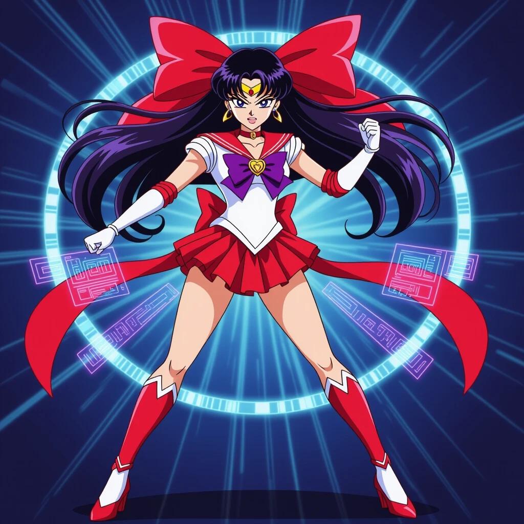 Sailor Mars stands furious with a clenched fist. One arm points forward in a fighting stance. One leg raised in a figure-four. Wears a futuristic sailor uniform with a purple bow. Red pleated miniskirt has holographic panels. Red heeled shoes complement the outfit. A bright red bow undulates behind her. Long black hair with purple hues billows in the wind. Thin golden tiara sits on her forehead. Elegant white gloves with red bubble-shaped details reach her shoulders. Surrounded by a fiery aura with swirling flames. Background features post-apocalyptic Brazilian favelas with smoke and ruins. Large letters 'DEIVID MIRANDA' hover in the scene. Hyperrealistic image with dramatic lighting and detailed reflections.