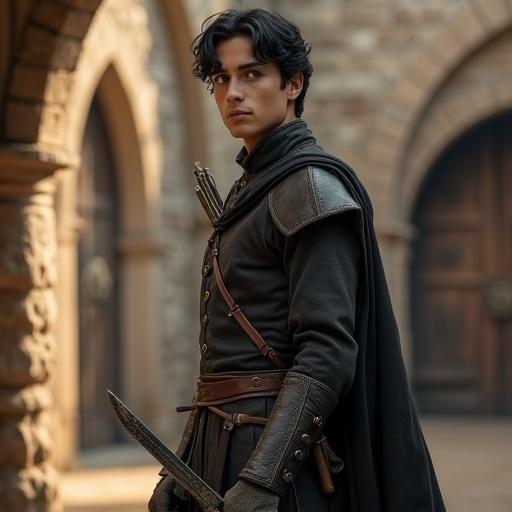 Masterpiece quality image of a teenage boy in scout-style outfit standing confidently. Elegant expression with medieval training ground backdrop. Dark leather jerkin and light dark cloak are detailed. Short sword and bow included in the composition. Soft golden lighting with a cinematic vibe.