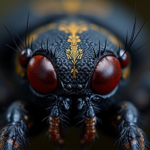 High definition macro photograph showcasing the intricate details of a black widow spider's face. The image highlights vibrant deep colors and hyper-detailed features. Artistic influences include Tsuyoshi Nagano, Tosa Mitsuoki, WLOP, and Alice X Zhang.