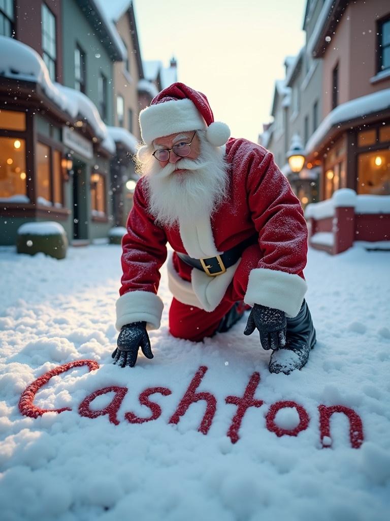 Santa Claus writes the name Cashton in the snow. Santa wears traditional red and white clothing with a black belt. The scene is in a snowy street surrounded by charming buildings. Soft winter light creates an inviting glow. The image conveys a cheerful festive mood.