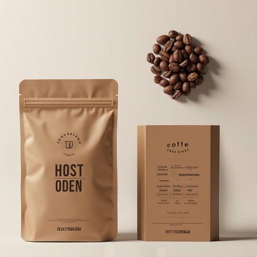 Branding kit and packaging design for startup company selling coffee beans. Soft natural lighting highlights the minimalistic design.