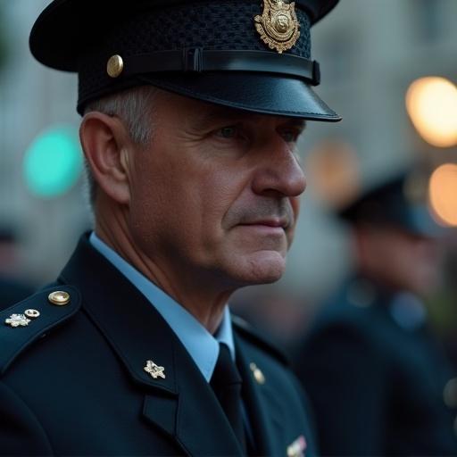 Closeup shot of a police officer. Serious expression on his face. Officer appears to miss his late wife. Uniform details clearly visible.