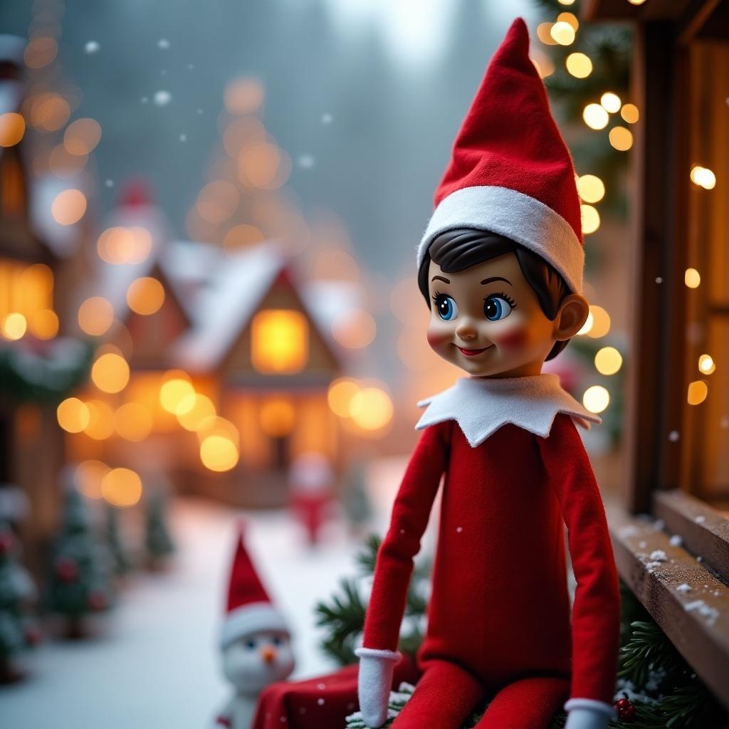 Charming Elf on the Shelf standing. Bright red suit with white collar. Looking straight ahead. Elf village in background. Beautiful snowy day creating festive atmosphere. Warm lighting provides cozy feeling in magical winter scene.