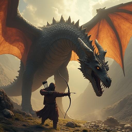 An archer facing off against a massive dragon in a dramatic landscape. The archer stands ready with a bow, showcasing a tense moment before the conflict. The dragon towers above, wings spread, evoking a sense of danger and adventure.