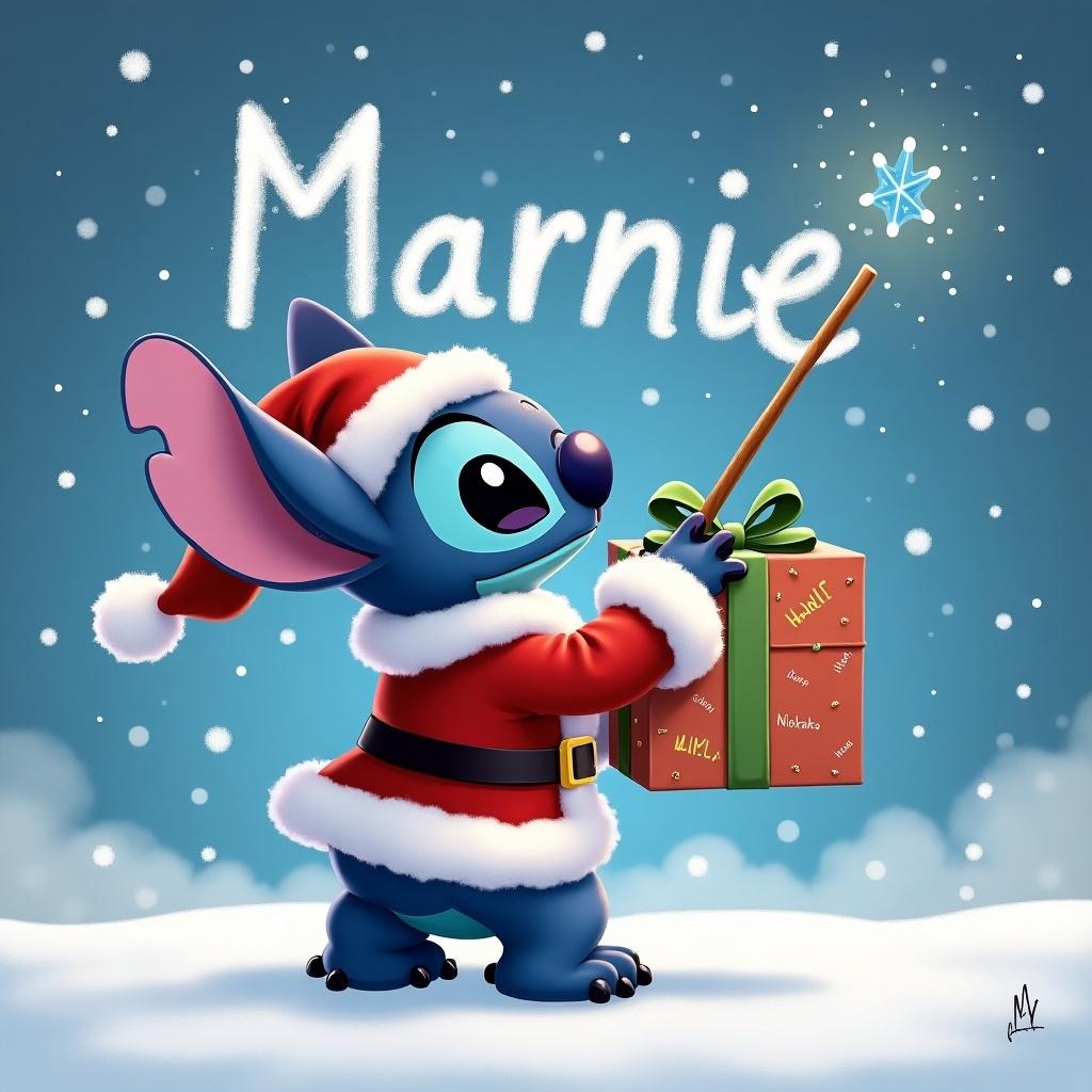 Stitch dressed in a Santa outfit uses a wand to write 'Marnie' in the sky. Stitch holds a Christmas present labeled 'Nikolka'. Snowy background enhances the festive theme.