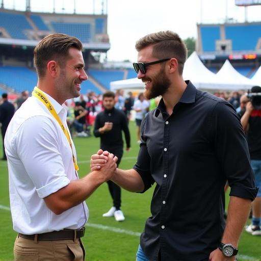 Two men shaking hands on a football stadium field. One man has slicked-back hair wearing a white shirt with yellow lanyard. The other man has a black shirt, designer glasses, and a trimmed beard. Background includes people walking, filming, and open tents in a vibrant stadium setting.