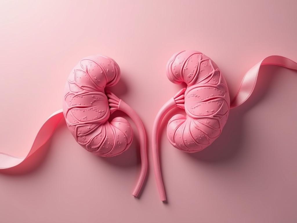 A pink ribbon shaped like human kidneys. The design is delicate and intricate. The background is softly lit. The kidneys appear realistic yet artistic.