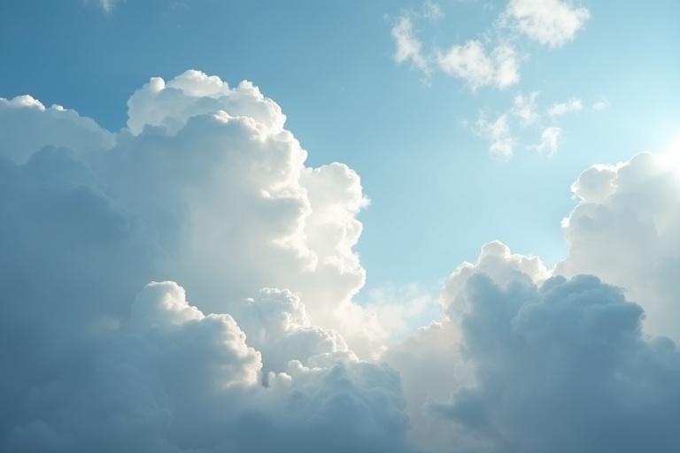 Cielo nublado con grandes nubes blancas y un cielo azul claro. La luz es suave y difusa. La perspectiva es desde abajo mirando hacia arriba.