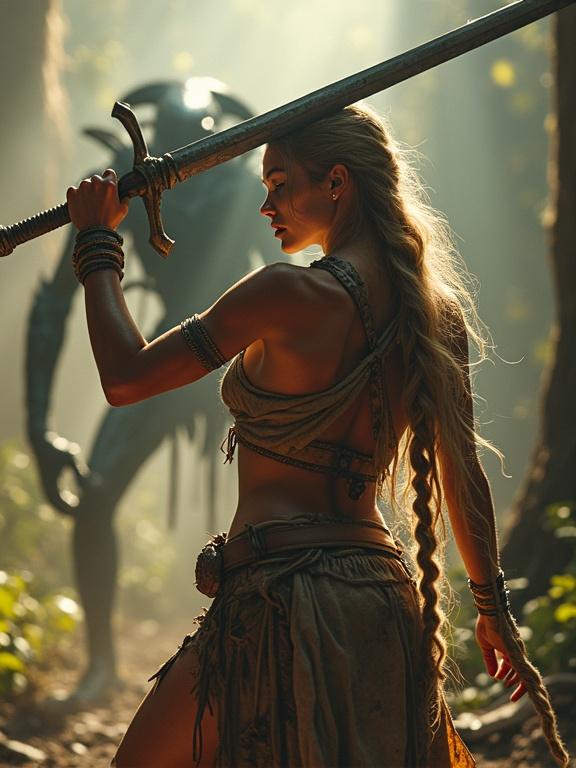 Cinematic realistic style fierce warrior fighting xenomorph with sword. Warrior has tanned skin, braided blonde hair, light leather armor, and tattered loincloth. Postapocalyptic background with cinematic lighting.