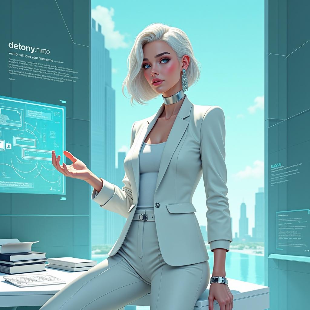 Create a photorealistic illustration of a visionary entrepreneur in a futuristic urban setting. The character embodies authority, precision, and innovation. She has a sharp, symmetrical face with high cheekbones and piercing blue eyes. Her platinum blonde hair is styled sleekly. Dress her in a tailored white outfit with silver accents. Include a futuristic workspace with holographic displays and digital products. The scene should have a teal color palette and convey clarity and visionary leadership.