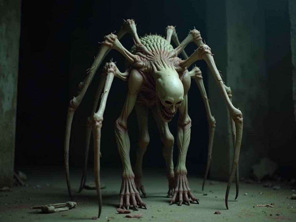 The image features a grotesque, humanoid creature with a cadaverous appearance, elongated limbs, and an exaggerated, bony arachnid silhouette, standing hunched over in a dim and decaying environment. The creature has a pale, almost fleshless head with sunken eyes and protruding bony spider-like appendages extending from its back, suggesting horror and menace. The lighting is low and ambient, adding a sense of dread, while the backdrop is grungy with dark walls and debris, enhancing the eerie atmosphere.