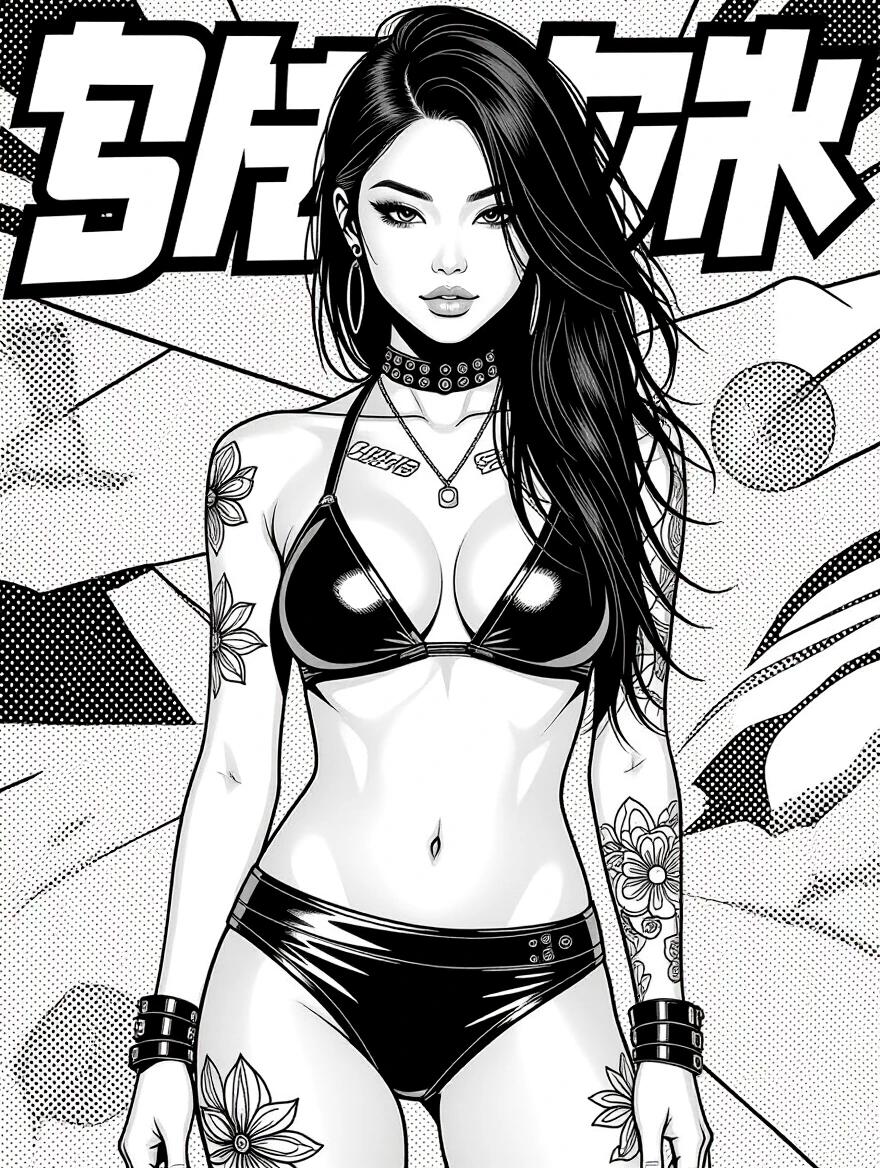 Depiction of a hot Asian model in a provocative bikini featuring asymmetric hair. The model showcases bold makeup and intricate tattoos. Image presented in a black and white comic book style for visual impact.