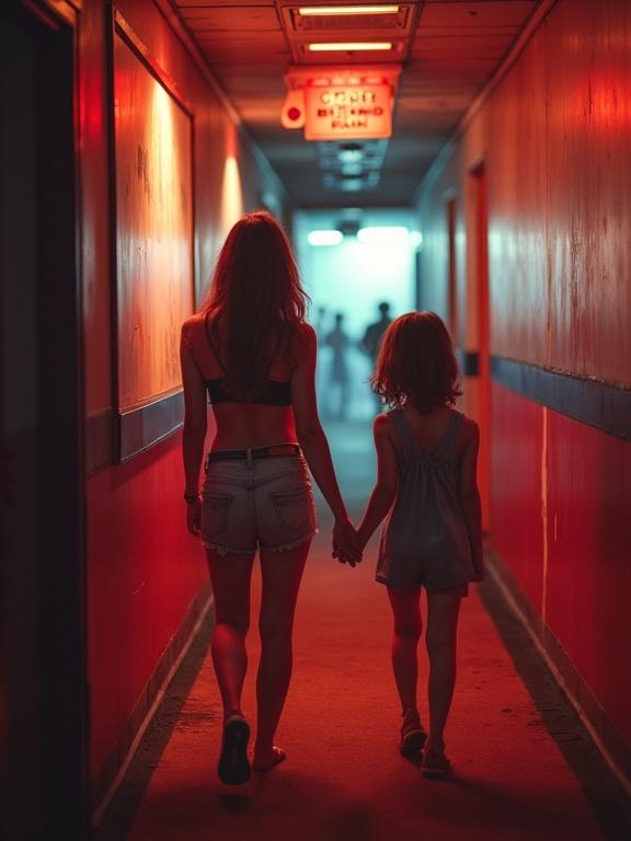 Mother and child holding hands in a dimly lit corridor with a cinema sign. Bright red walls create a warm atmosphere. The mother wears a crop top and shorts. The child wears a light outfit. Background shows indistinct figures, enhancing the mysterious feeling.