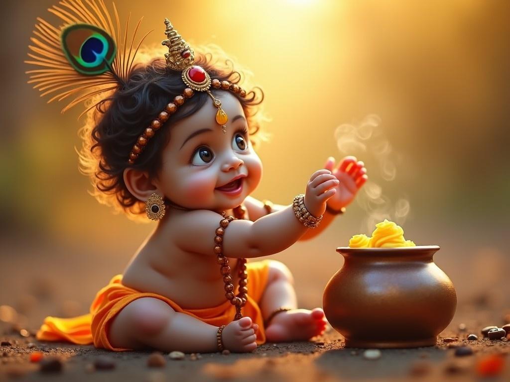 The image shows a delightful baby resembling Shiva, beautifully adorned with a peacock feather headband. The child is captured in a moment of playfulness, reaching excitedly for a small pot of butter beside him. The warm, golden glow of the setting sun creates a serene atmosphere. His wide, curious eyes enhance the innocence and joy radiating from the scene. Wearing a tiny rudraksha bracelet, this illustration captures the essence of cultural significance while inviting viewers to appreciate the playful spirit of childhood.