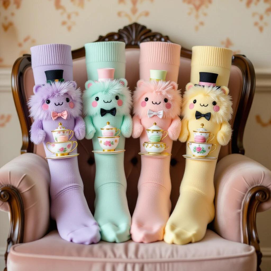 Studio portrait showcases over-the-calf socks. Designs feature adorable pastel monsters having tea parties. Monsters accessorized with top hats and bow ties. Tiny tea sets displayed with macarons. Setting in soft pastel backdrop with cream damask wallpaper. Model sits in velvet armchair elegantly with crossed legs. Warm and diffused lighting for cozy afternoon vibe. Shot captures complete sock design at a flattering angle.