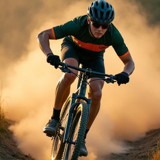 Young male cyclist rides mountain bike. Low side angle captures aggressive turn. Trail of dust in background. Dark green and orange cycling jersey black shorts gloves helmet. Thick knobby tires rugged frame. Warm dramatic lighting emphasizes focus and muscular legs. Minimalist backdrop highlights speed motion action.