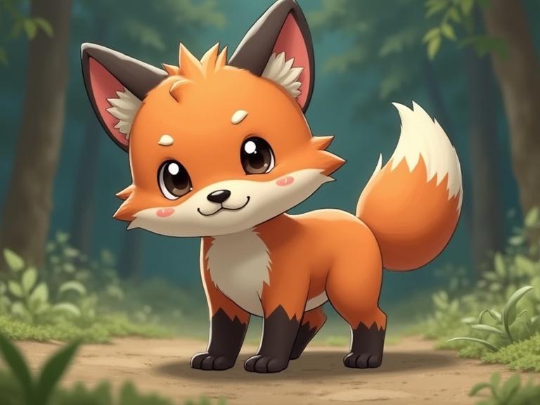 Smiling cartoon fox standing in a forest setting. Character has large expressive eyes and fluffy tail. Background shows green foliage creating a vibrant atmosphere.