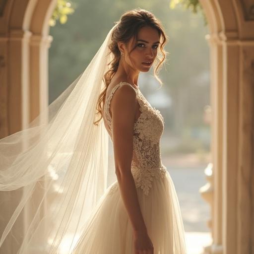 A bride stands in a softly lit setting wearing a fully transparent wedding dress with intricate lace. The scene conveys elegance and romance as she gazes at the camera. The wind lightly moves her veil and surroundings.