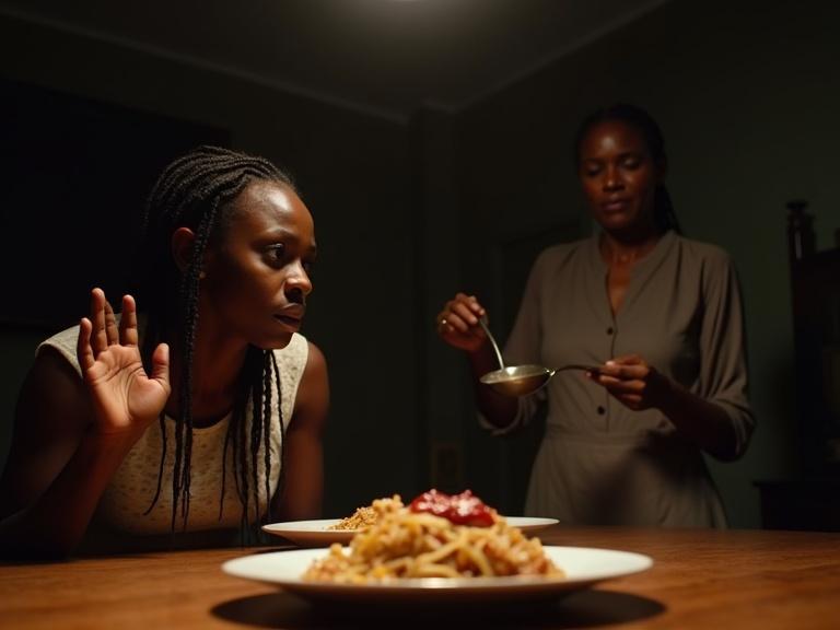 A dimly lit room filled with tension. A wooden dining table in focus. A young African woman with braids looks horrified at her food. Her stepmother stands with a ladle and a cold smile. The dish includes an unsettling object. Shadows enhance the atmosphere.