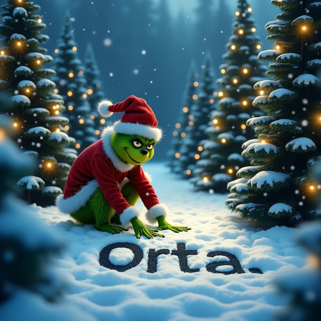 A character resembling the Grinch is outside in the snow. Christmas trees surround the character, decorated with lights. The character is writing the name Orta in the snow.