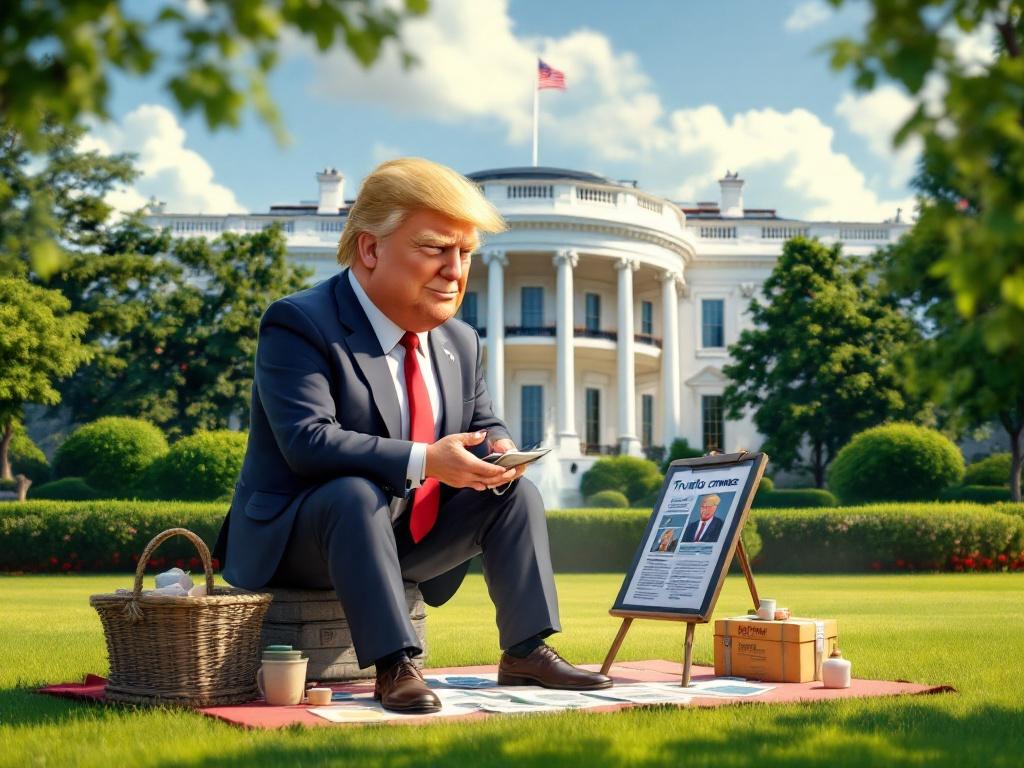 3D cartoon illustration featuring a character resembling a former U.S. president selling cryptocurrency memes on the lawn of a famous government building. A playful and satirical depiction with vibrant colors and a detailed background.