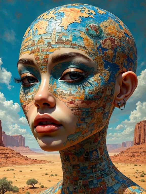 Hyper-detailed surreal self-portrait with a mosaic face reflecting various cultures. Abstract desert background with vibrant electric colors. Vivid details and textures throughout.