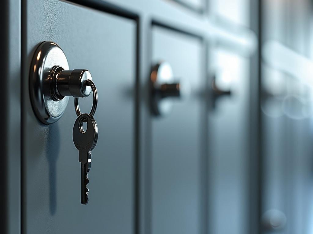 The image shows a close-up of a shiny metallic mailbox or locker. A key is inserted into the lock, and it has a keychain attached to it. The keychain is empty, indicating it might represent a storage or security concept. The background is blurred, creating a focus on the key and lock. The surface of the mailbox looks smooth and reflective, highlighting the metallic texture. There are multiple similar lockers or mailboxes in the background, suggesting a larger space such as an apartment complex or office building.