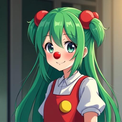 Anime girl with long green hair close to the camera. She wears a clown costume with a clown nose and smiles. The girl stands on the right side, looking at the camera.