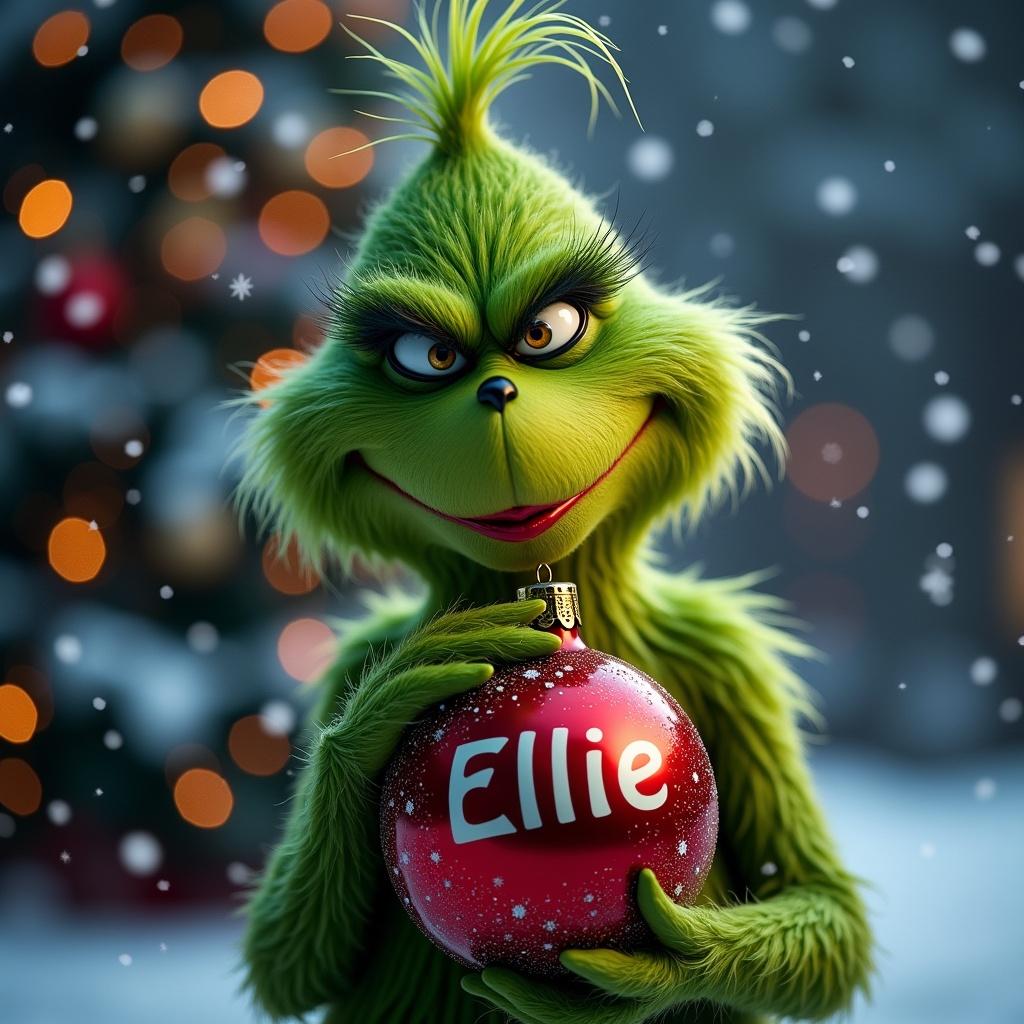 The Grinch holds a Christmas bauble with the name Ellie. Background features snow and Christmas lights for a festive feel.