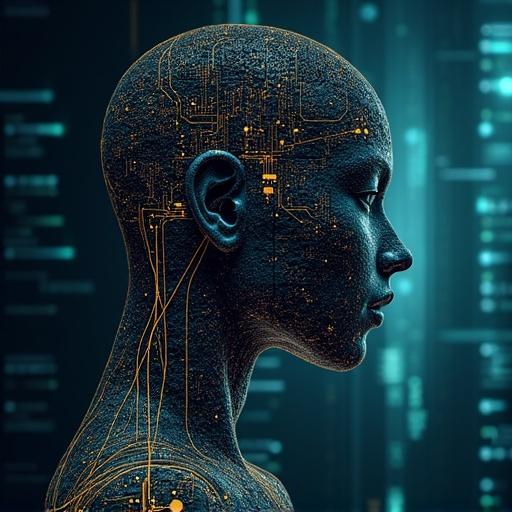 Programador migrando dados de um sistema para outro. Mostra um humano com padrões de circuitos conectados. A cena é moderna e refletiva da realidade atual.