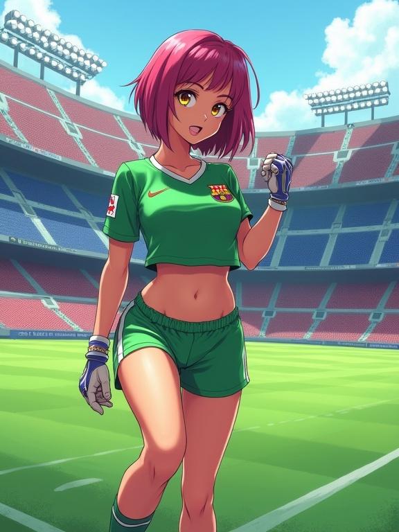 Digital anime illustration of a young female character with pink hair and golden eyes in a Barcelona goalkeeper jersey. She wears form-fitting shorts and strikes a flirtatious pose. The background is a professional soccer stadium with empty seats and bright green grass.