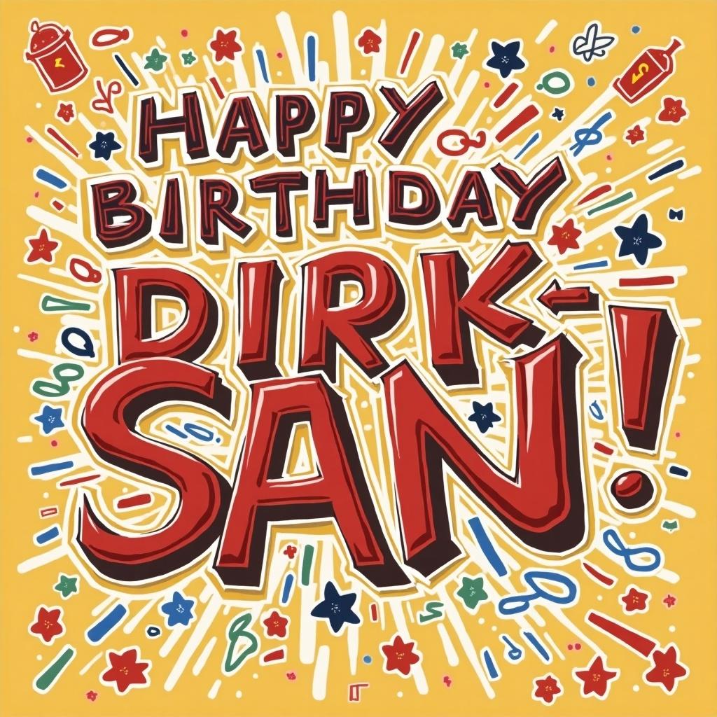 Colorful birthday greeting that says happy birthday dirk-san in big letters. Celebratory design with stars and shapes.