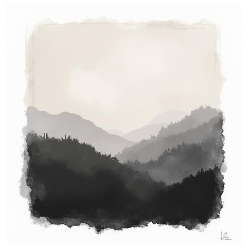 Large watercolor square silhouette illustration in monochrome showing mountain ranges on a white background