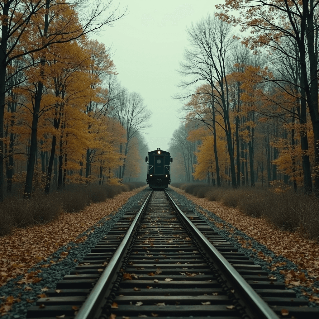 A train travels through a forest with bare trees and fallen autumn leaves.