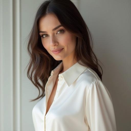 Brunette woman wearing white satin blouse with natural makeup in a soft lit setting.