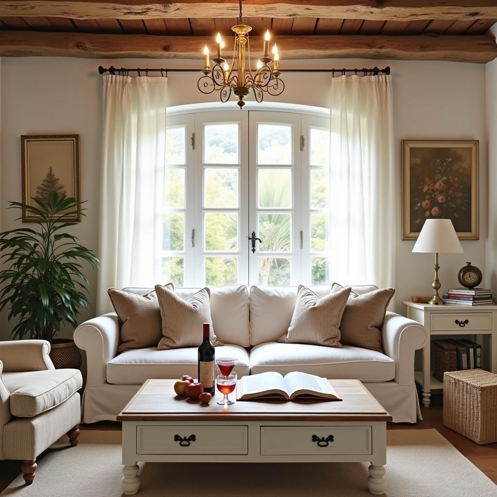 A well-decorated living room with a Provence vintage and elegant design. Natural light comes through a large window with white curtains. Features a white sofa with beige and brown cushions, a matching striped armchair, and a wooden coffee table. Table displays an open book, a bottle of wine, a glass, and two apples. Includes a side table with a lamp and a bookshelf. Wooden beams on the ceiling create a cozy ambiance and a brass chandelier enhances elegance. The atmosphere is warm and inviting.