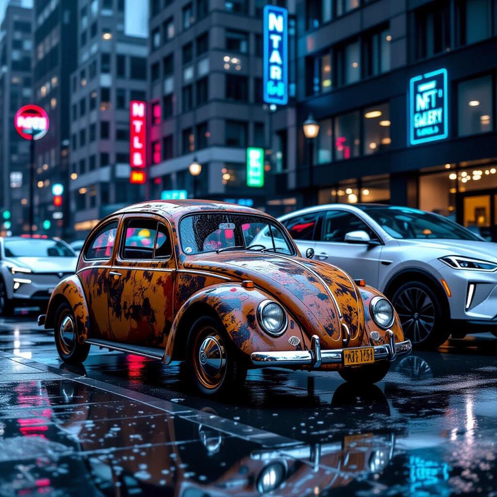 Ultra realistic photograph of abandoned 1949 Volkswagen Beetle parked beside shiny modern cars in downtown. Beetle shows heavy rust and decay with cracked windows. The scene includes illuminated neon signs and reflects a rainy atmosphere. The focus is on the contrast between the vintage car and contemporary vehicles. Features a shallow depth of field and detailed urban textures.