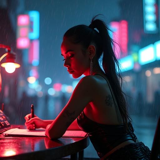 Una mujer seductora con un cuerpo atractivo y curvilíneo, vestida con un atuendo futurista, se apoya en un escritorio iluminado con neón. La ciudad ciberpunk nocturna es vibrante, con letreros luminosos y reflejos de lluvia. La atmósfera es oscura y melancólica, con estilo realista y alto nivel de detalle.