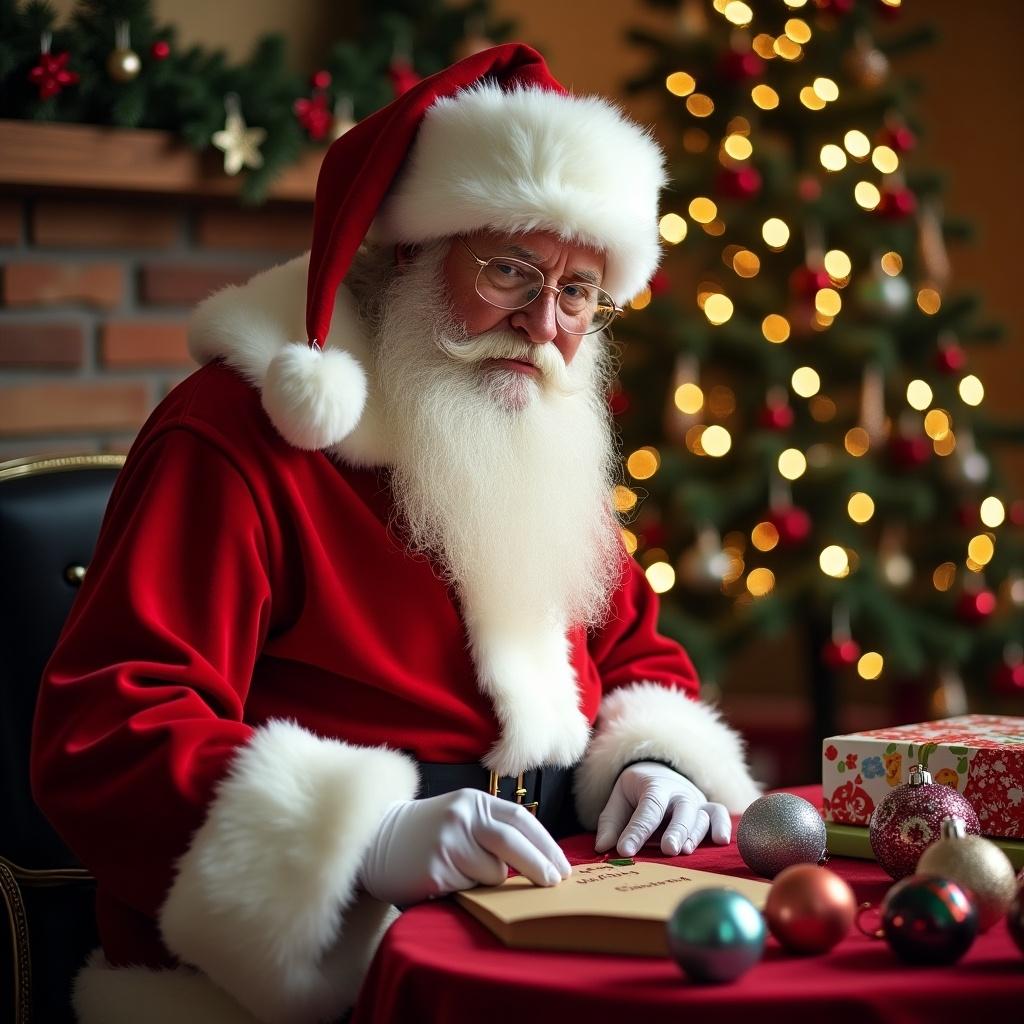 Santa Claus dressed in red suit in festive setting. Drawing names on Christmas baubles with decorated Christmas tree in background. Long white beard and traditional outfit. Writes Atlas on bauble.