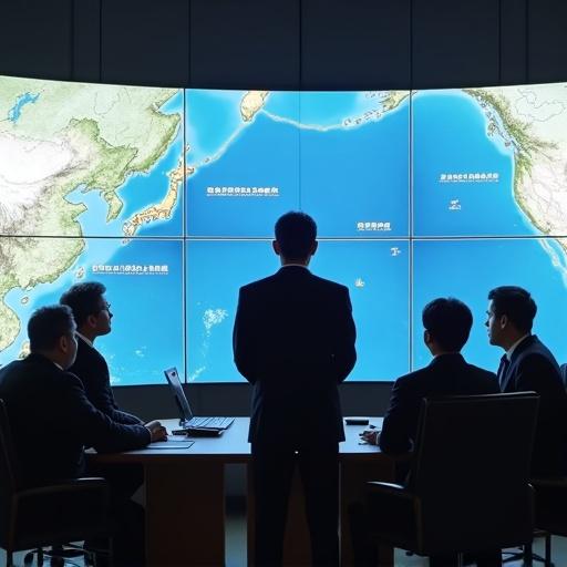 Discussion in a military command center. Officials in formal suits monitor large screens. Real-time footage of military exercise displayed. Maps and weapon locations visible. Focus on strategy and defense planning.