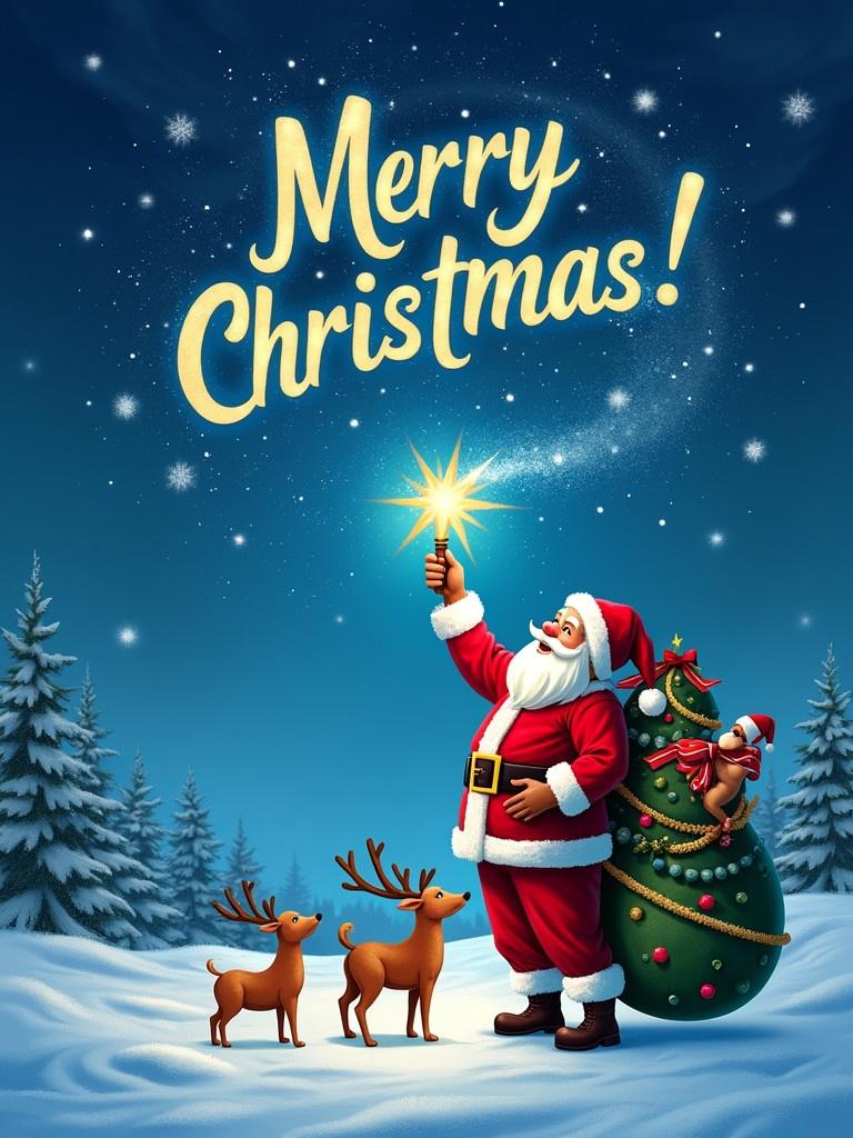 Santa Claus in a snowy landscape. Santa holds a star and wishes Merry Christmas. A decorated Christmas tree nearby. Two reindeer beside him. Magical night sky with stars.